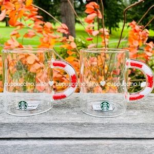 ❤️2 NEW🤍Starbucks 2021 Holiday Candy Cane Glitter Confetti Handle Glass Mugs